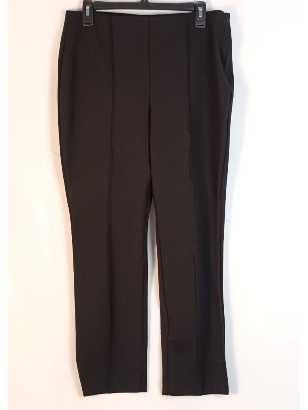 Chicos Pintuck Ponte Ankle Pants Black High Rise Womens M 10 Stretch Zip